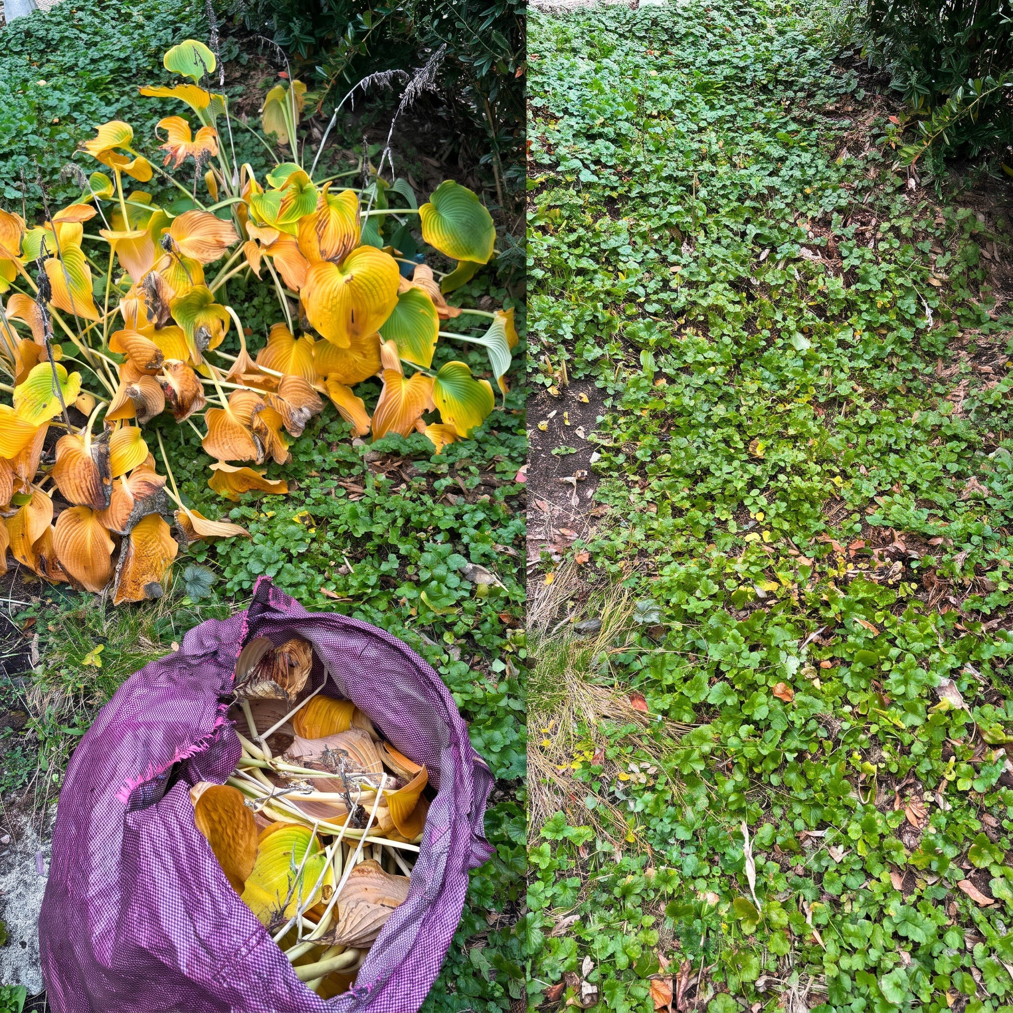 Split bed photo: wilted hostas with leaf bag beside the tidied bed after a SaMa garden job