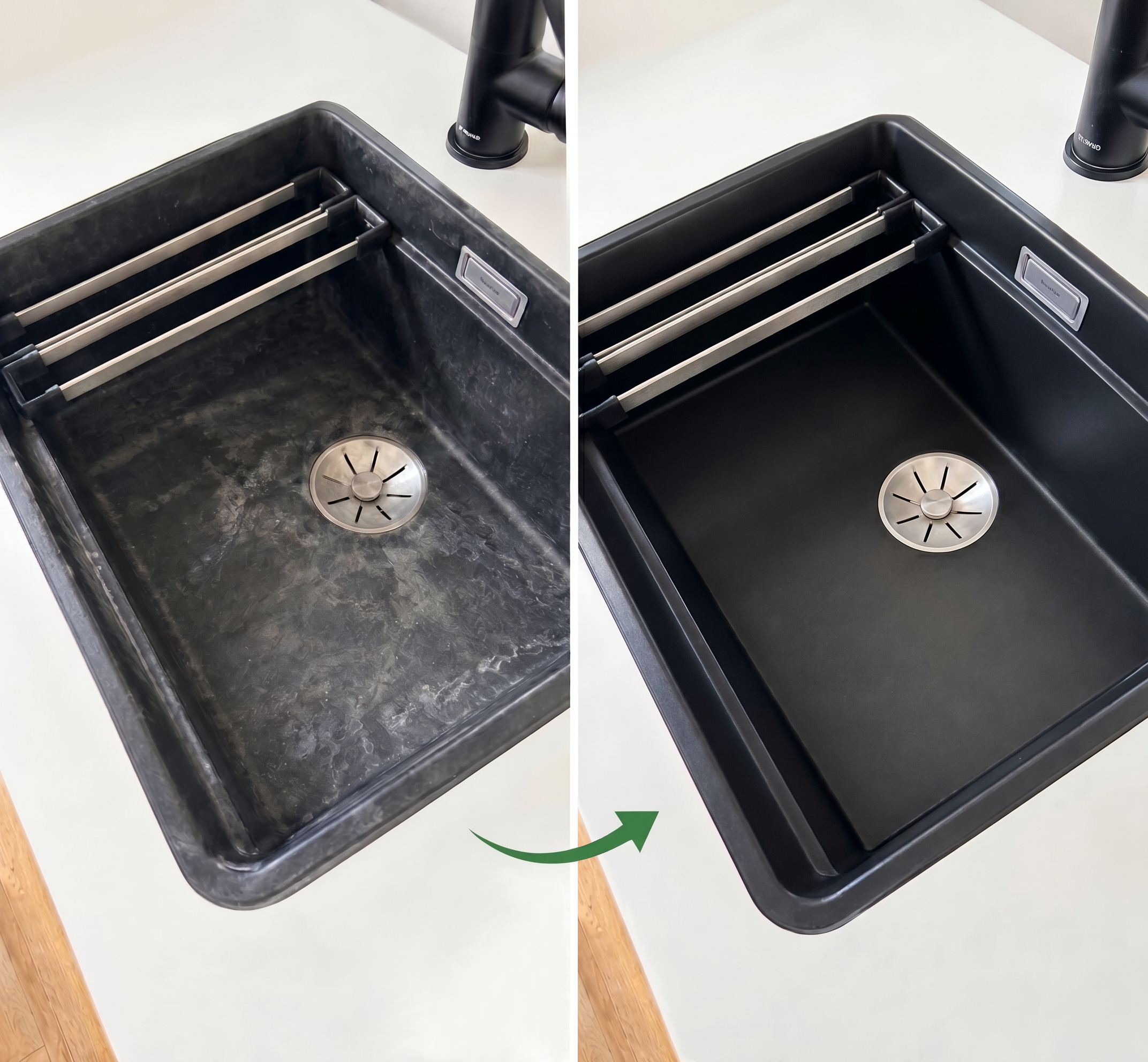 Black sink with limescale film before and deep-black glossy after a SaMa detail clean
